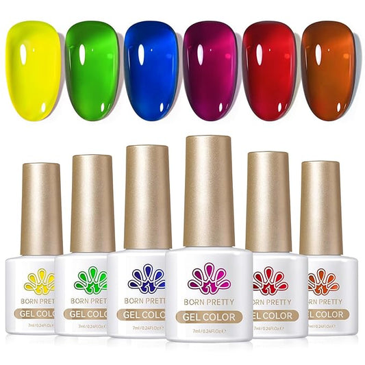 Born Pretty Jelly Gel Nail Polish Christmas Neon Gel Polish,Brown Blood Wine Red Blue Purple Green Translucent Effect,Soak Off U v LED Light Cure Nail Art Kit for Salon Manicure and DIY at Home