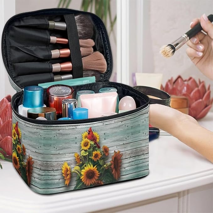 Cardinal Bird and Sunflower Print Travel Makeup Bags for Women Portable Tote Cosmetic Case with Carry Handle Toiletry Accessories Storage Organizer Bags