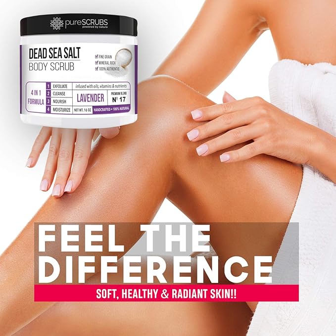 pureSCRUBS Premium Lavender Body Scrub Set - Large 16oz Dead Sea Salt Body Scrub With Infused Essential Oils & Nutrients, Includes Wooden Spoon, Loofah & Oatmeal Exfoliating Bar Soap