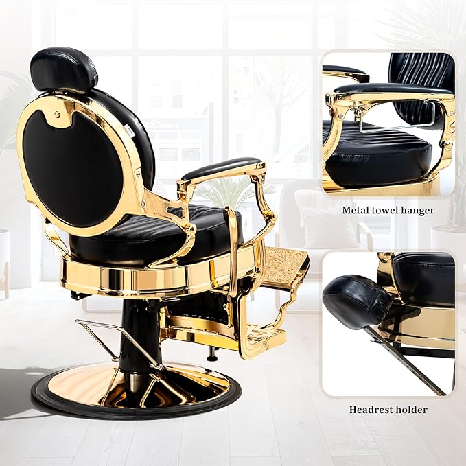 OmySalon Retro Barber Chair Heavy Duty, Aluminum Alloy Frame, Adjustable Headrest, Extra Wide Footrest, Hydraulic Salon Chair for Hair Stylist Reclining All Purpose for Beauty Spa Shampoo, Black Gold