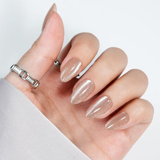 Cat Eye Press On Nails- Jofay Fashion Press On Nails Christmas Almond for Gifts, Nude Short Stick On Nails with Glue, Glossy Reusable Nail Tips in 16 Sizes - 32 Soft Gel Fake Nails Kit, Nude Cat Eye