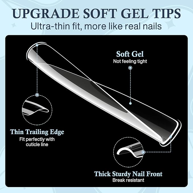 Extra Long Square Nail Tips, XXL 120Pcs 12 Sizes No C Curve Clear Acrylic Nails Straight Tapered Square Press on False Nail Tips for Nail Extension Nail Art Salon Home DIY