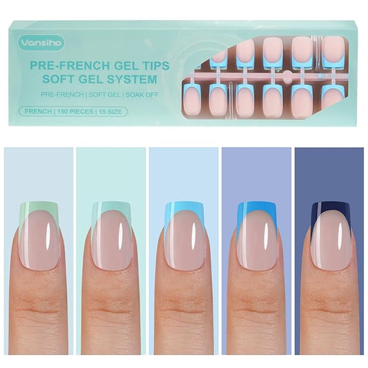 150Pcs French Gel Nail Tips, Vansiho Short Square Nail Tips, Blue Pre-French Tips Press on Nails, Soak Off Soft Gel Acrylic Fake Nails for Nail Art DIY 15 Sizes