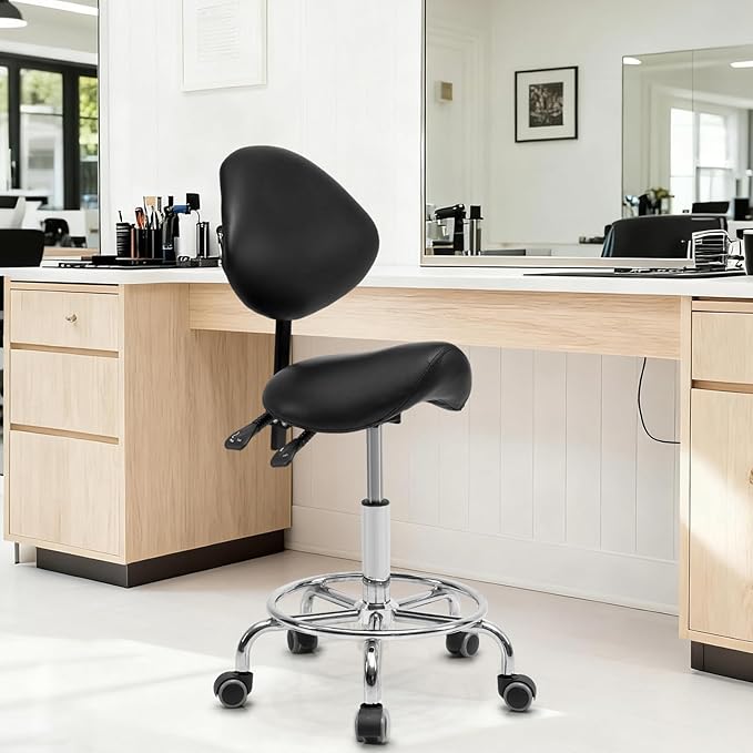 Tatub Saddle Stool, Rolling Stool with Back Support, Ergonomic Saddle Chair, Adjustable Stool with Wheels for Salon, Tattoo, Spa, Dentist, Massage, Office