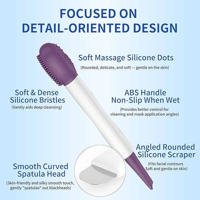 Silicone Face Scrubber, 3 in 1 Pore Brush Skin Scrubber Face Spatula with Face Mask Applicator Tool, Pore Cleaner, Blackhead Remover, Makeup Removal, Mud Mask, Body Lotion (Purple)