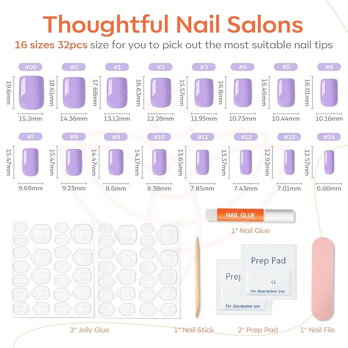 Modelones Purple Press on Nails, Christmas Short Square Fake Nails, Reusable Nail Kit with Nail Glue Adhesive Tabs Mini Nail File, Nails Press Ons 32Pcs 16 Sizes, Women Girl Gift