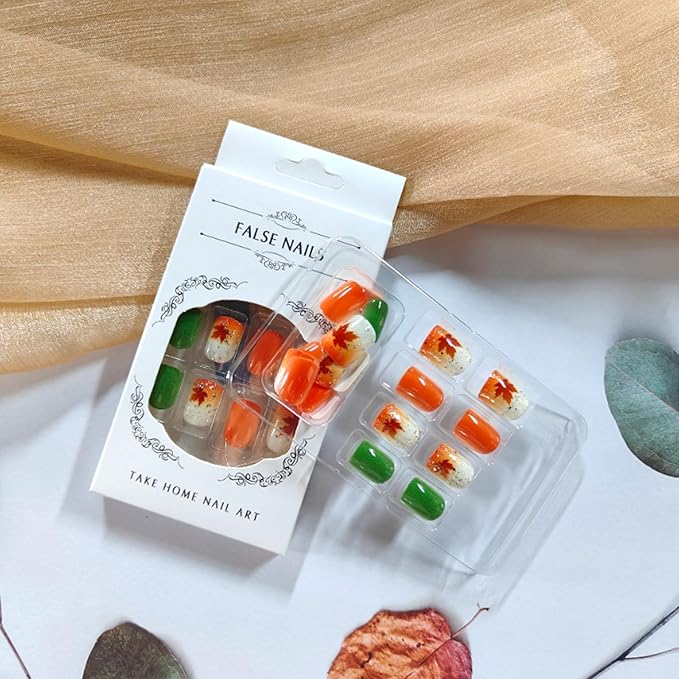 Fall Press on Nails Short Square Fake Nails with Gold Sequins Maple Leaves Design Orange Green Glossy Acrylic False Nails Thanksgiving Stick on Nail Artificial Gel Glue on Nail for Women 24Pcs