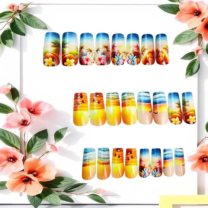 Press on Nails Medium Square Beach Coconut Tree False Nail Ocean Sunset Pattern Design Full Cover Glossy Acrylic Fake Nail French Gradient Stick on Nails 24Pcs DIY Press Ons Glue on Nails for Women