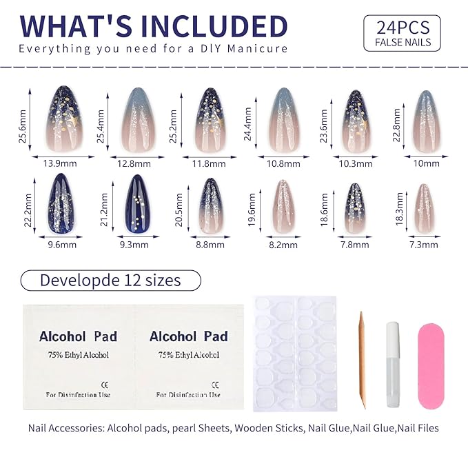 Ombre Press On Nails medium, Almond Fake Nails Featuring a Nude-to-Blue Gradient and accented with golden glitte, Glossy Finish Acrylic Nails, Reusable Glue On Nails for Women, 24Pcs, Golden Tide