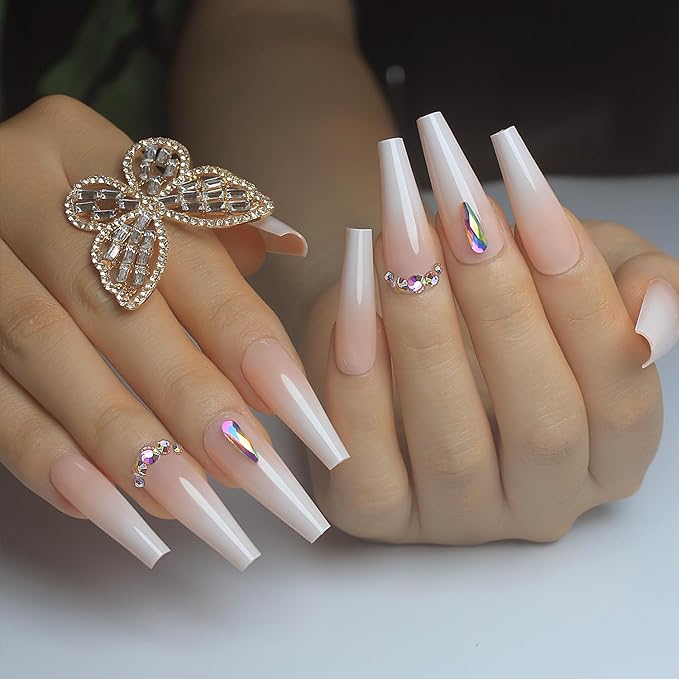 Yivaiks 24 Pcs Pink Press on Nail Long Coffin Fake False Nails with Rhinestones Design Ballerina Glue on Nails Glossy Acrylic Press ons Coffin Nails Artificial Stick on Nails for Women