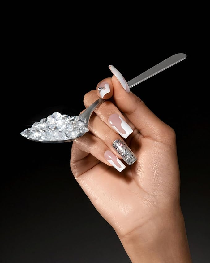 KISS Premium Classy Fake Nails - Stay Modish, Long & Square, Super Glam, Jewel Accents, Waterproof, Smudge Proof, No Dry Time, Durable, Takes Minutes, Quick & Easy | 30 Count