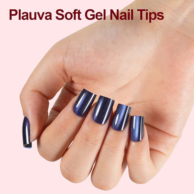 150Pcs Cat Eye Press on Nails, Plauva XS Short Aquare Fake Nails, Glossy Glitter Cat Eye Nail Tips, Soft Gel Stick On Nails for Women and Girls 15 Sizes