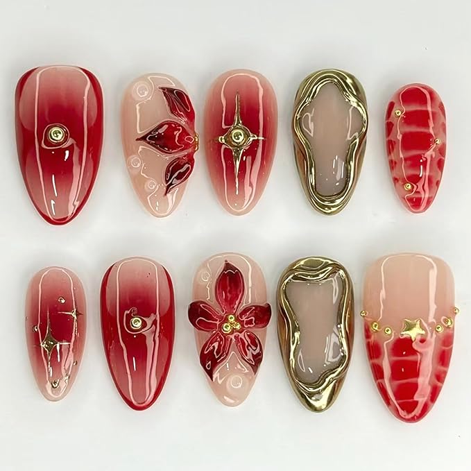 24Pcs Red Flower Press on Nails Medium Almond Fake Nails with 3D Floral Beads Designs Full Cover Acrylic False Nail Tips Tortoise Shell Gold Star Glue on Nails for Women Manicure Kit