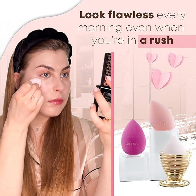 3 Pcs Makeup Sponges – Heart-Shaped Travel Box for Daily Use | Bonus Gold Drying Stand Included, Latex-Free Vegan Beauty Blenders