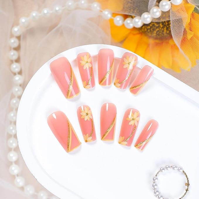 Square Press on Nails Long Light Pink Fake Nails Yellow French Tip Nail Press ons with Lines Glitter Designs Glossy Glue on Nails Flower Stick on Nails for Women Extre Long Manicure 24Pcs