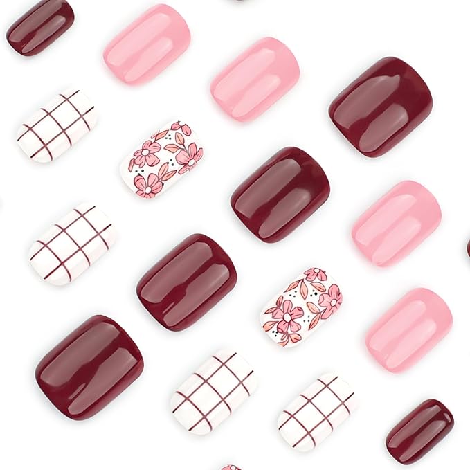 Press On Nails Spring Summer Acrylic Nails for Women - Lattice Flower Designer Fake Nails Short Square 24PCS, Outdoor Picnic/Wedding/Party Reusable Stick On Nails Gift