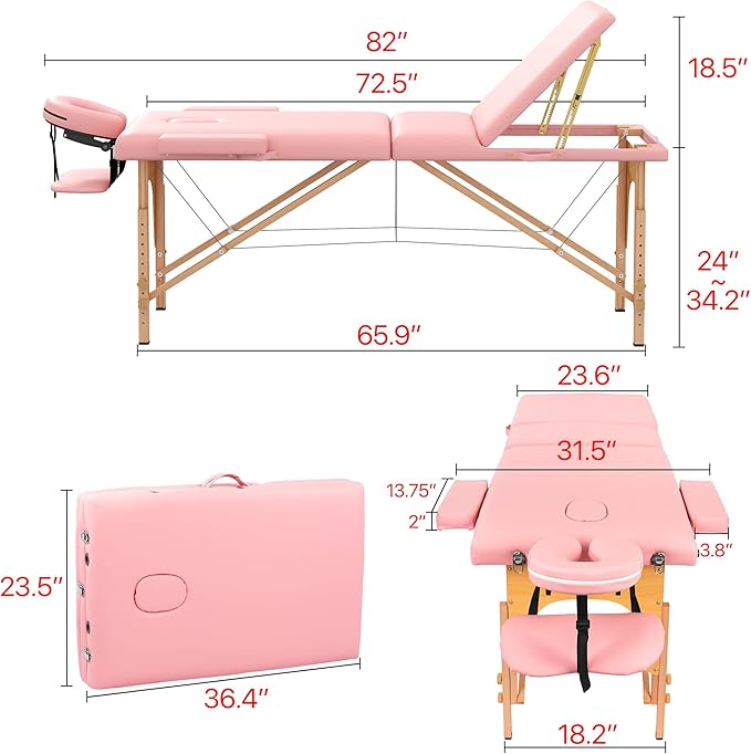 Massage Table Massage Bed, Portable 3 Section Foldable Tattoo Bed, Height Adjustable Lash Spa Bed with Face Cradle, Home Light Weight Facial Salon Bed with with Wood Frame, Light Pink