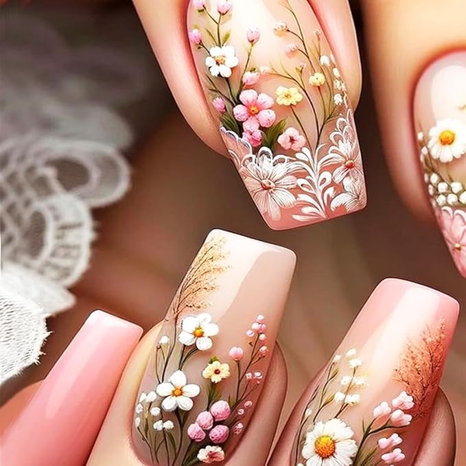 24Pcs Spring Flower Press on Nails Glossy Pink Gradient Fake Nails Medium Coffin Acrylic False Nails Wild Flowers Stick on Nails Dandelion Gel Glue on Nails for Coquette Women Girls