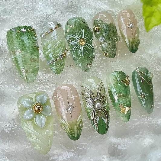30Pcs Green Press on Nails Medium Almond Fake Nails with 3D Pearl Gold Beads Designs Stick on Nails 3D Flower Butterfly False Nails Spring Summer Acrylic Nails Silver Star Glue on Nails for Women
