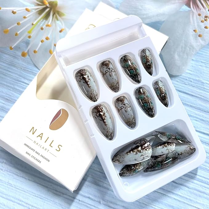 Almond Tip Press on Nails Medium Length Gold Ireegular Lines Pattern Design Full Cover Glossy Acrylic Fake Nail Press Ons Artificial Fingernails 24Pcs Reusable Glue on Nails for Women Manicure