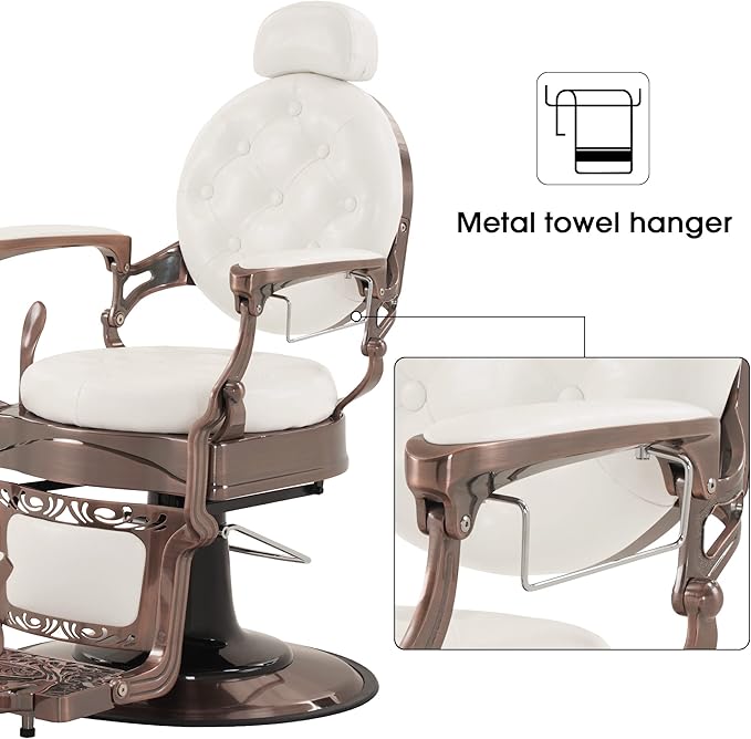 BarberPub Heavy Duty Metal Vintage Barber Chair All Purpose Hydraulic Recline Salon Beauty Spa Chair Styling Equipment 8914 (White with Reddish Bronze Frame)
