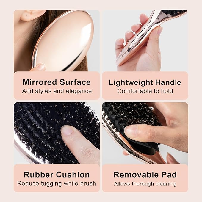 RHOS Boar Bristle Hair Brush, Soft Natural Bristle Brush for Short & Oily Hair, Smooth & Add Shine, Set Includes Rat Tail Comb, Storage Bag (0.394inch Bristle)