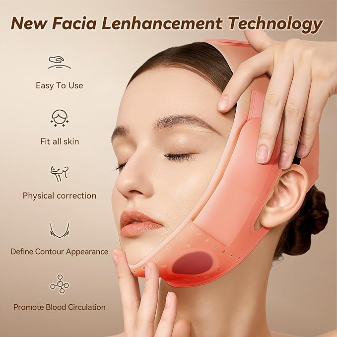 JUSRON V-Line Mask Chin Up Mask Face Strap, Soft Silicone Chin Strap V Shaped Face Mask, Jaw Exerciser 23-27 Inches (Fluorescent Pink)