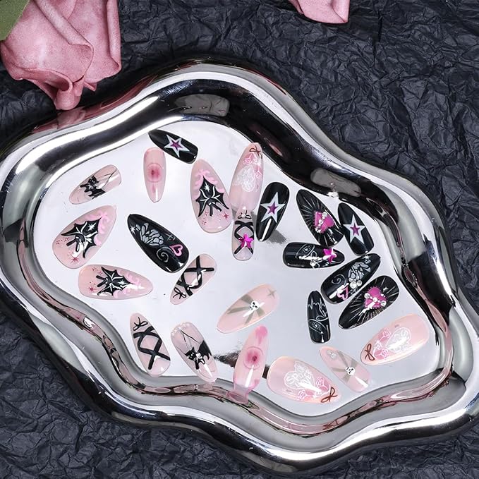 24Pcs Gothic Press on Nails Medium Almond Fake Nails Black Cat Bow Heart with Rhinestones Gems Y2k Glitter Design Full Cover Y2k Glue on Nail Halloween False Nails for Women Artificial Acrylic Nails
