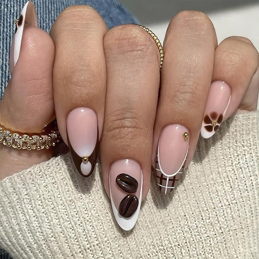 Fall French Tip Press on Nails Medium Almond Fake Nails with 3D Coffee Beans Design Glossy Nude Acrylic False Nails Brown Flower Glue on Nail Full Cover Artificial Stick on Nail for Women 24Pcs