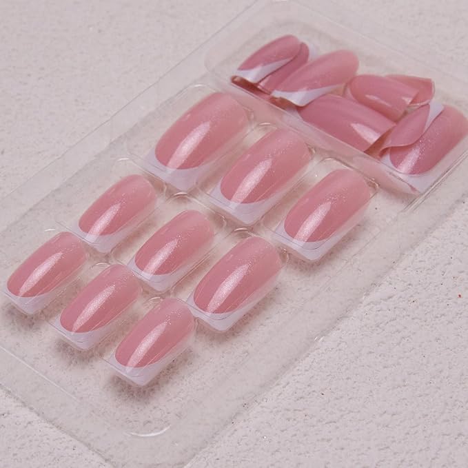 French Tip Press on Nails Short Square Fake Nails Glitter Acrylic Nails Nude Pink False Nails Press ons Stick on Nails Glossy Artificial Nails for Women Girls Nails Decoration 24Pcs