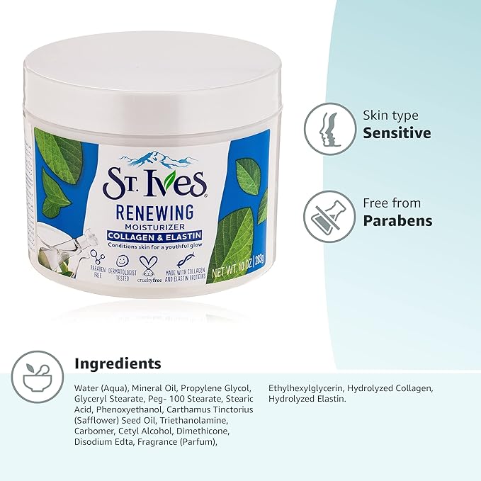 St. Ives Face Moisturizer Cream, Collagen and Elastin, Renewing Facial Moisturizer for Women, Paraben Free, Dermatologist Tested Daily Moisturizing for Dry Skin Cruelty Free, 10 oz (Pack of 2)