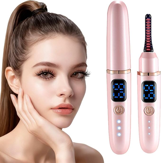 Women's Electric Heated Eyelash Curler Three Temperature Settings 24-Hour Long-Lasting Curl Rechargeable Eyelash Curler Compact Design Makeup Tool (Pink)