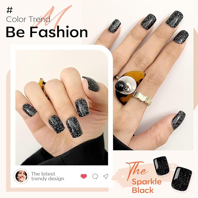 Modelones 32Pcs Sparkle Black Press on Nails, Glitter Short Christmas Square Fake Nails, Reusable Nail Kit with Nail Glue Adhesive Tabs Mini Nail File, Nails Press Ons 16 Sizes