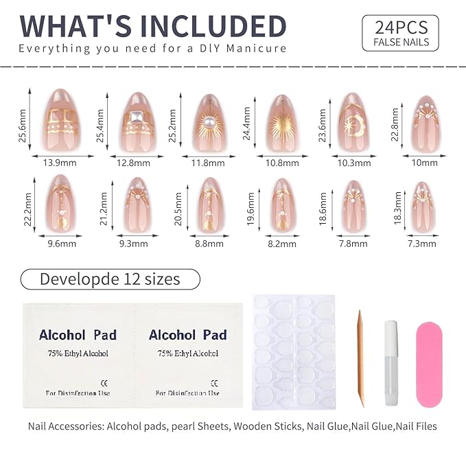 French Nude Press On Nails Almond, Short Fake Nails with 3D Gold Moon and Star Design, Glitter French Tip and Pearl Accents, Glossy Reusable Glue On Nails Kit for Women, 24Pcs