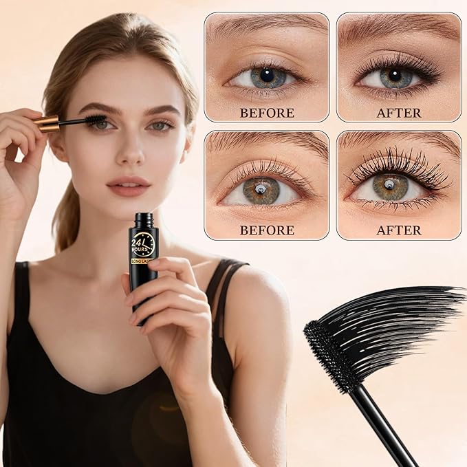 4D Silk Fiber Lash Mascara, Lengthening and Thick, 2025 New Black Fibre Mascaras, Waterproof Long-Lasting No Flaking, Long Lasting, Fuller Lashes Amplify, All Day Exquisitely Full(Back,2Pcs)