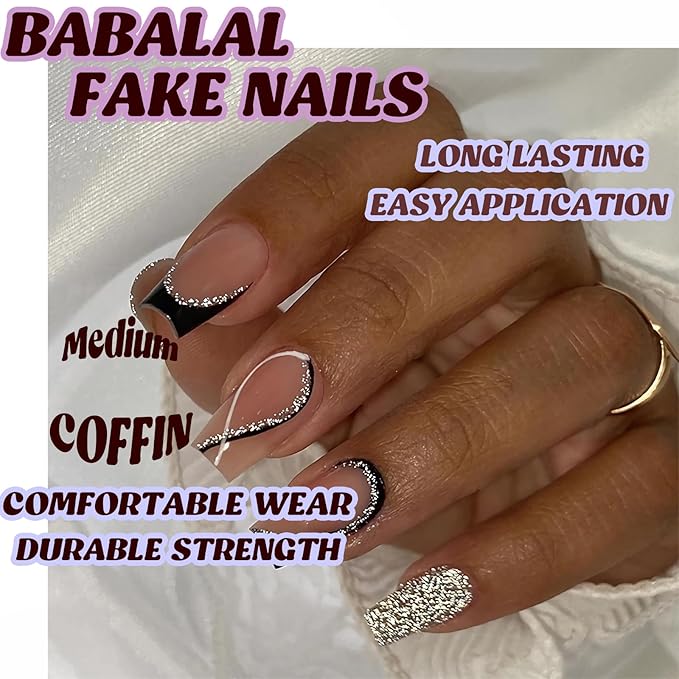BABALAL Long Coffin Press on Nails - Black French Tip Fake Nails, Glitter Bling Nails Glue on Swirl Acrylic Nails False Nails 24Pcs Manicure Squoval Stick on Nails for Women and Girl