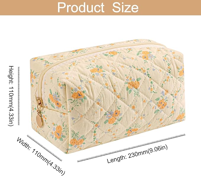 Makeup Bag Travel Cosmetic Bag for Women Girls, Zipper Make Up Pouch, Floral Flowers Toiletry Organizer Makeup, Portable Storage Bag, Cosmetic Travel Cloth Bag (Yellow Orange Flower)