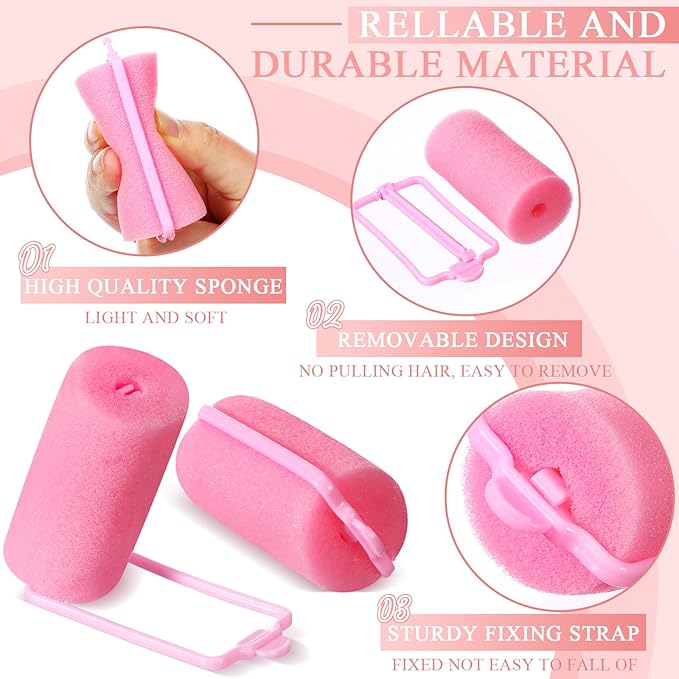 Geyoga 18 Pieces Sponge Hair Rollers Large Soft Foam Hair Styling Curlers Large Size Hairdressing Curlers for Women(1.4 x 2.6 Inches,Pink)
