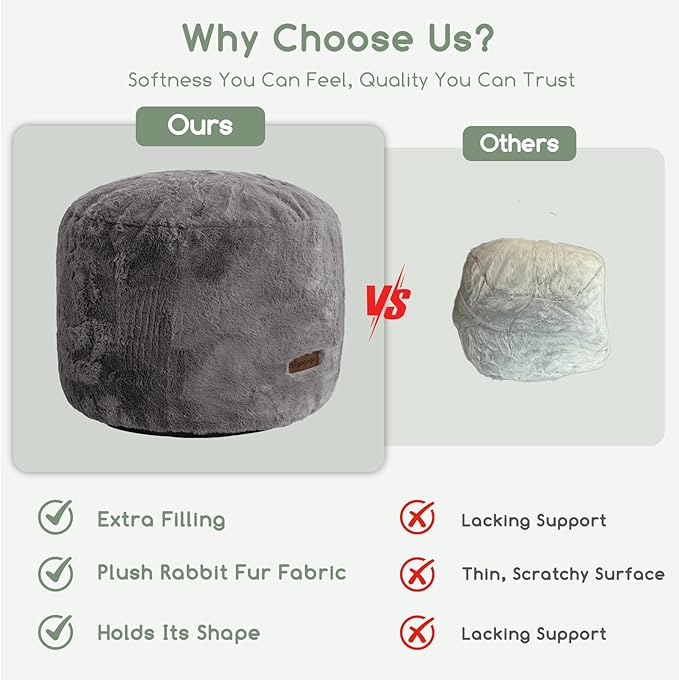 HIGOGOGO Pouf Stuffed Ottoman Round Modern Foam Filled Foot Rest Chair Decorative Poufs 20 x 15 Inches Fluffy Boho Comfy Stool for Living Room, Grey