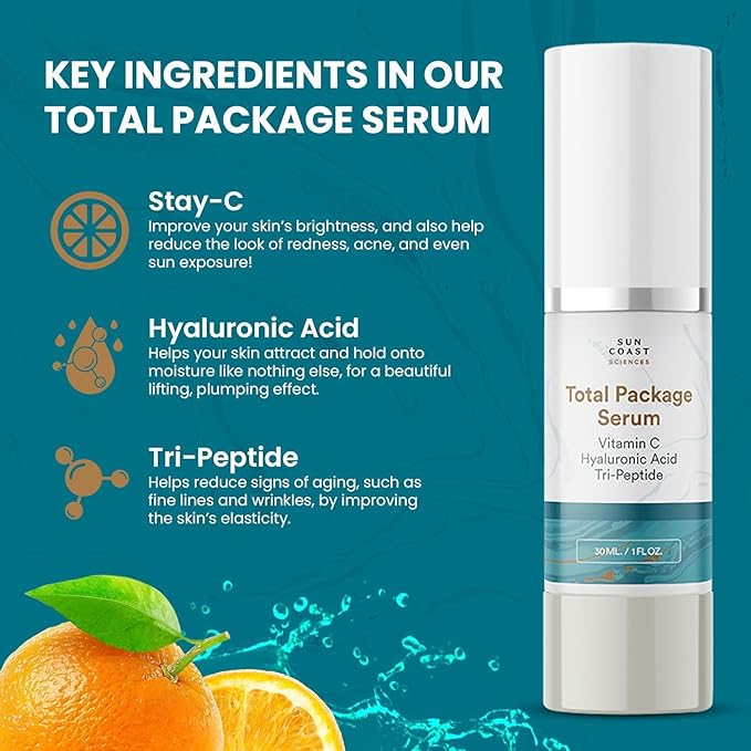Sun Coast Sciences - Total Package Serum, All-In-One Vitamin C, Hyaluronic Acid, Anti-Aging Facial Super Serum for Wrinkles, Age Spots - 1 fl oz (Pack of 2)