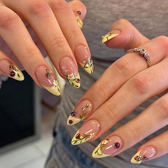 French Tip Press on Nails Medium Almond Fake Nails with 3D Ladybug Designs Cute Flower Leaf Acrylic False Nails Summer Glue on Nail Reusable Full Cover Stick on Nail for Women 24Pcs