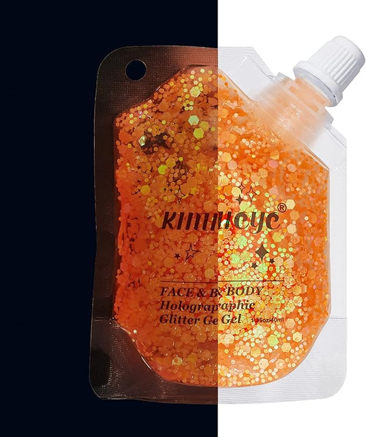 Holographic Face Glitter Gel Body Shimmer Makeup for for Hair, Face, Clavicle, Arm, Nail, Eyeshadow, Long Lasting Waterproof Mermaid Sequins Party Glitter for Rave Festival, 1.35oz (Luminous Orange)