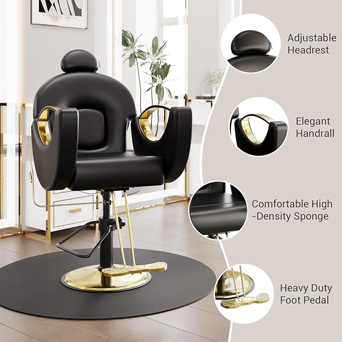 Reclining Barber Salon Chair, 360°Swivel Barber Chair with Heavy Duty Hydraulic Pump for Spa Shampoo Hair Stylist Barbershop Home, Black