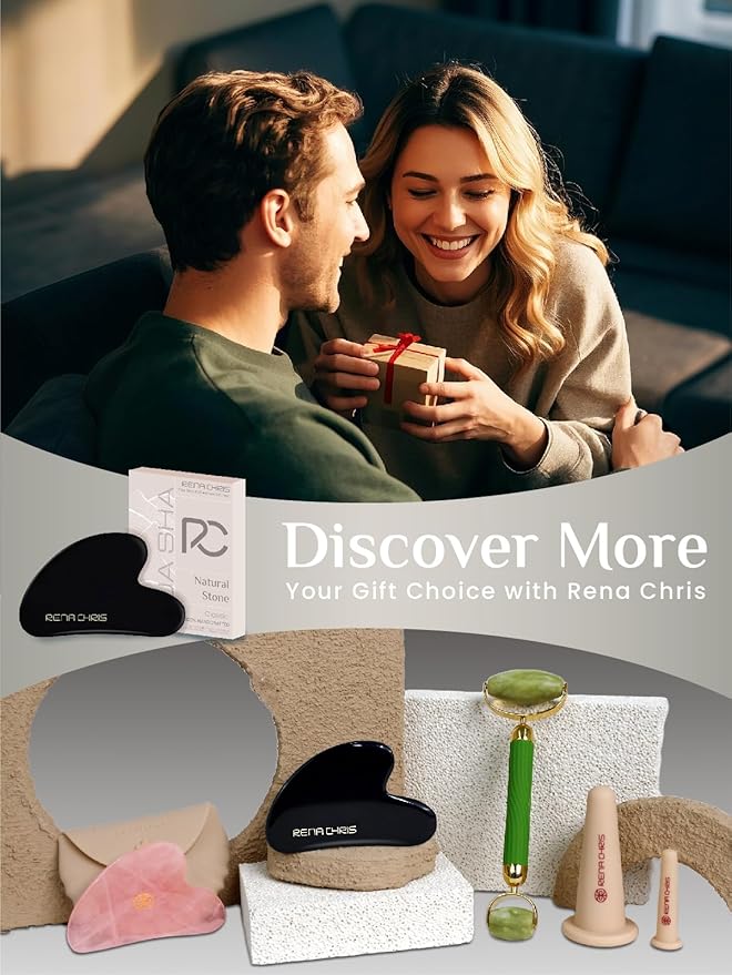 Rena Chris Gua Sha Facial Tools: Natural Obsidian Guasha Tool for Face Acupuncture Therapy, Facial Massager for Jawline Sculpting and Puffiness Reducing (Black)