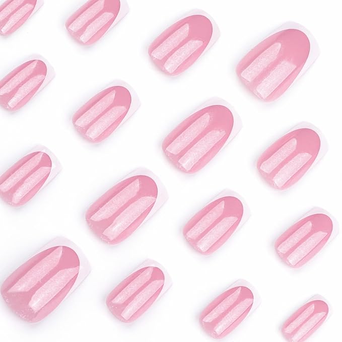 French Tip Press on Nails Short Square Fake Nails Glitter Acrylic Nails Nude Pink False Nails Press ons Stick on Nails Glossy Artificial Nails for Women Girls Nails Decoration 24Pcs