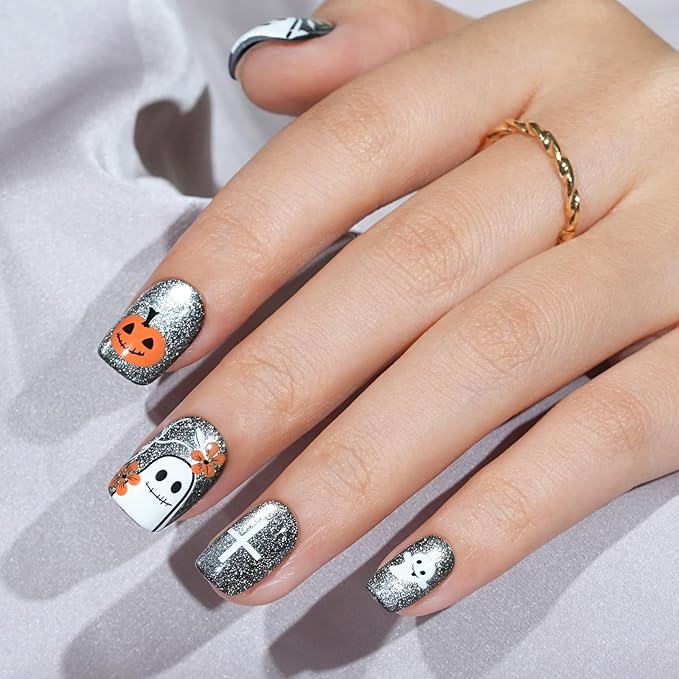 Halloween Press On Nails - Pumpkin Specter, Gray Cat Eye Halloween Nails, Acrylic Short Square Glue On Nails with Nail Glue, Fit Perfectly & Natural Stick On Nails in 16 Sizes - 32PCS Soft Gel Kit