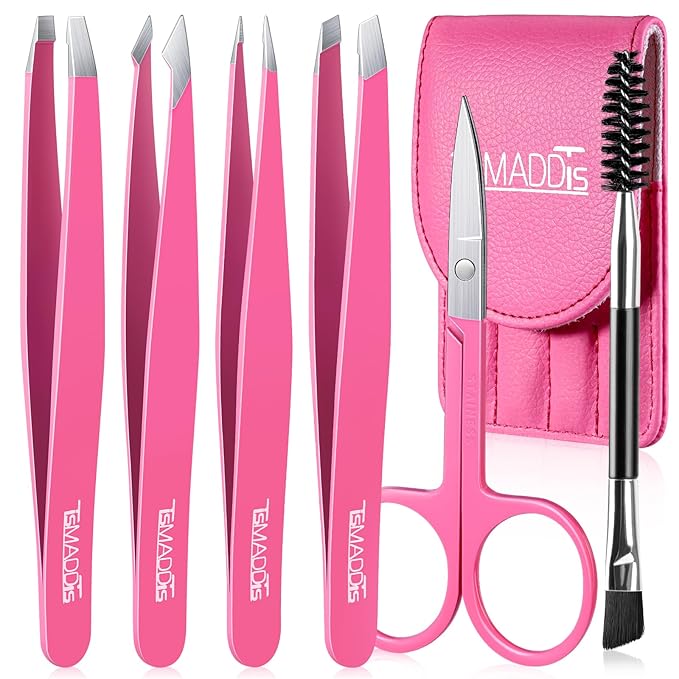 TsMADDTs 6 PCS Eyebrow Tweezers Set, Tweezers for Women Facial Hair with Curved Scissor and Eyebrow Brush for Ingrown Hair