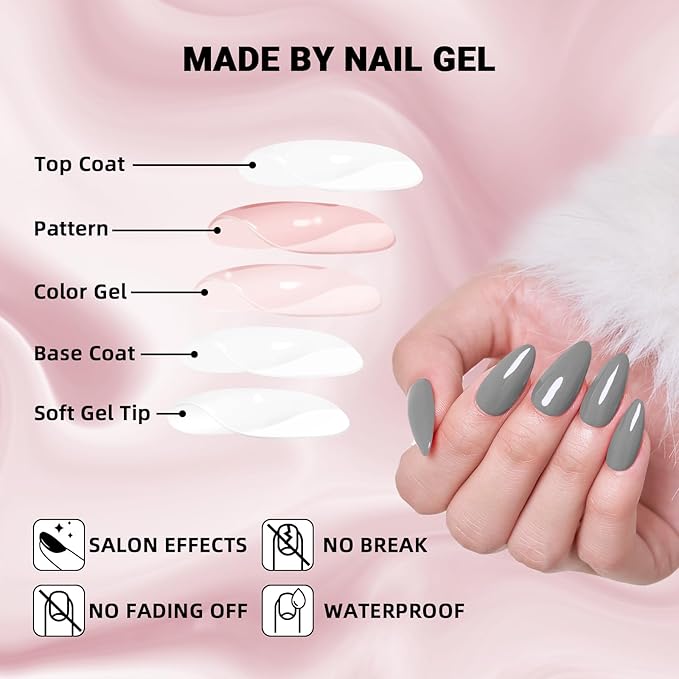 Glossy Grey Press On Nails, WOOYAS Solid Color Fake Nails Almond Medium Shaped Glue On Nails Full Cover Stick On Nails with Nail Glue Reusable False Nails for Women Gift