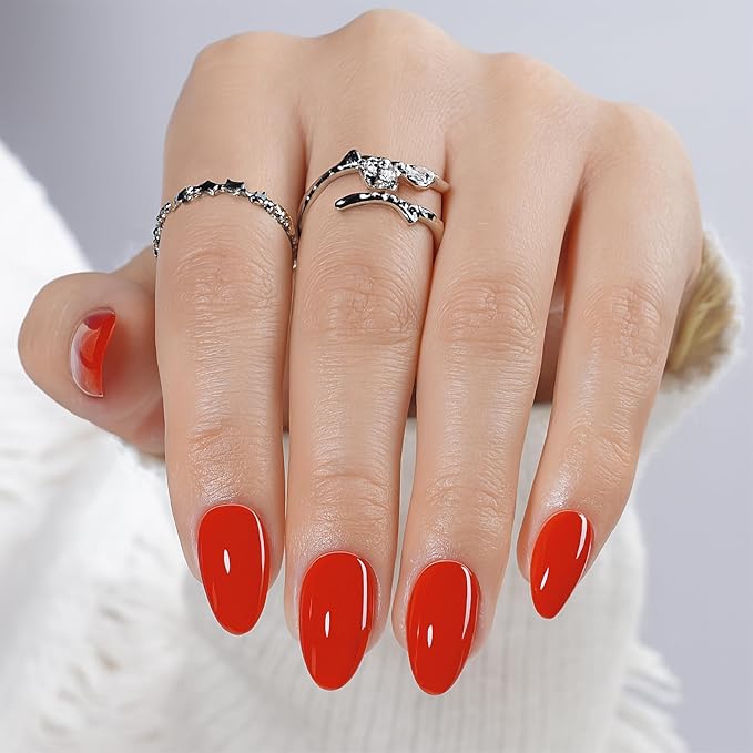 Press on Nails, Short Red Press on Nails Almond Reusable Glossy Red Nails Soft Gel False Nails Press ons for Women, 16 Sizes 32 Count Nails Kit with Glue (SV-03)