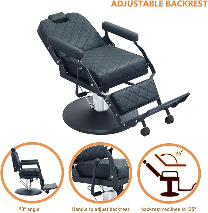 Kaleurrier Black Salon Chair Reclining: Professional Hydraulic Barber Chairs with Headrest and Footrest - Adjustable Heavy Duty Styling Chair for Home Hair Beauty Salon Massage Barbershop Tattoo